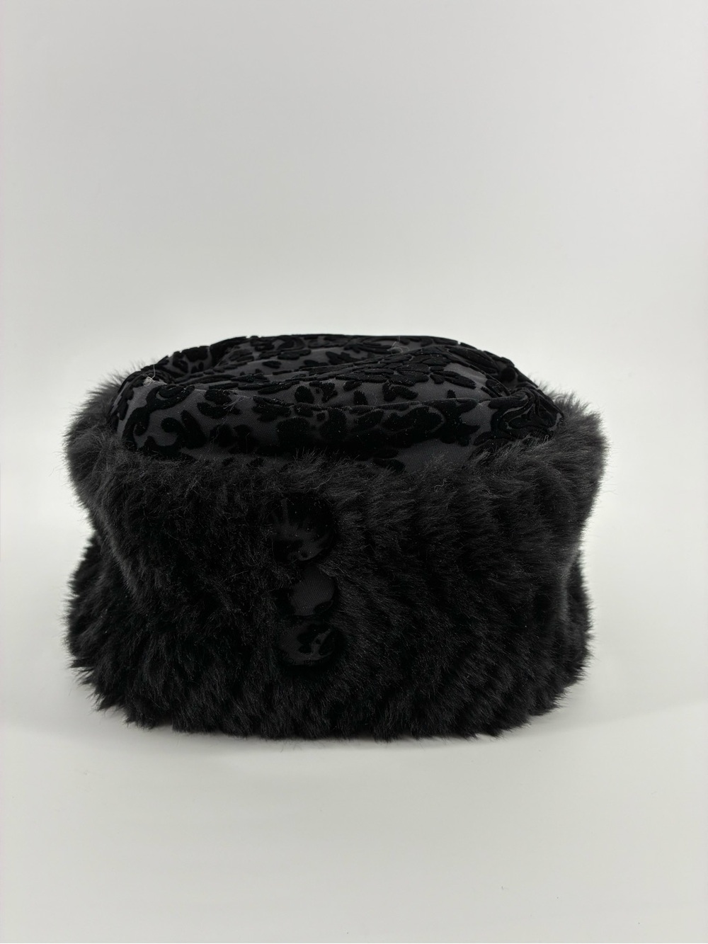 Black Faux Fur Pillbox Hat with Velvet Top Made in Canada